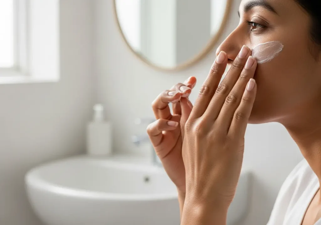 apply-moisturizer-step Hands applying moisturizer to cheek area in clinical setting