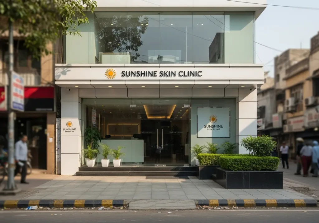 clinic-exterior-delhi Exterior of a modern dermatology clinic on a busy Delhi street