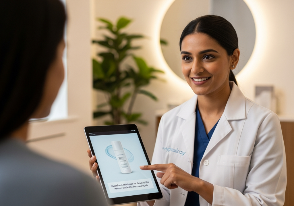 derm-consult-tablet-moisturizer Dermatologist recommending moisturizer to a patient using a tablet