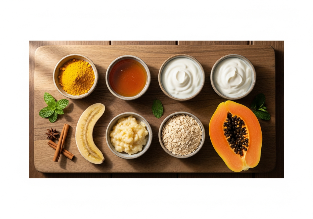 small bowls of turmeric, honey, yogurt, mashed banana, oats, and a halved papaya.