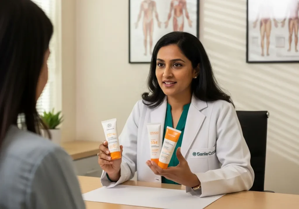 sunscreen-derm-consult Dermatologist recommending sunscreen to patient in clinic