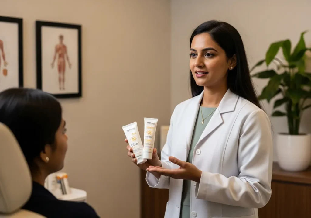 sunscreen-derm-consult-dr-namrata Dermatologist recommending sunscreen to patient in clinic