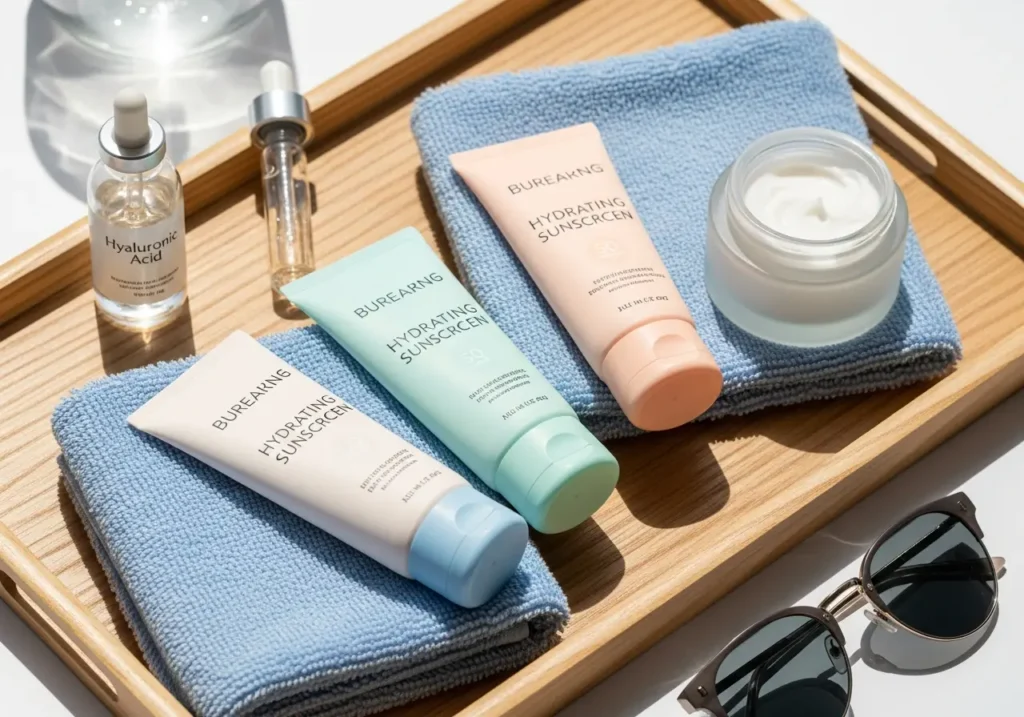 sunscreen-flatlay-hydrating Flatlay of hydrating sunscreens and moisturizer for dry skin