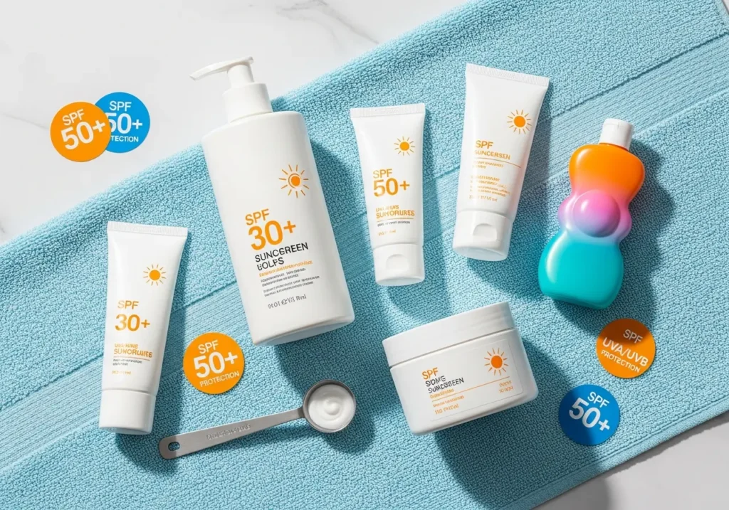 sunscreen-flatlay-selection Flatlay of five sunscreens on blue towel for oily skin