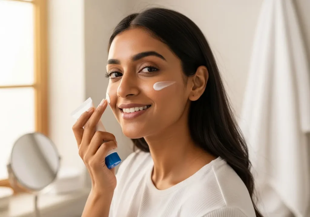sunscreen-hero-indian-woman Indian woman applying lightweight sunscreen on face in bright bathroom
