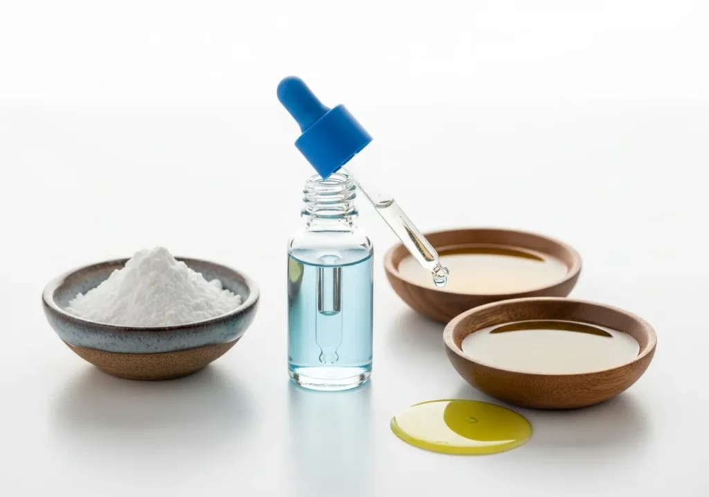 sunscreen-ingredients-zinc-niacinamide Zinc oxide powder and niacinamide serum dropper for sunscreen ingredients