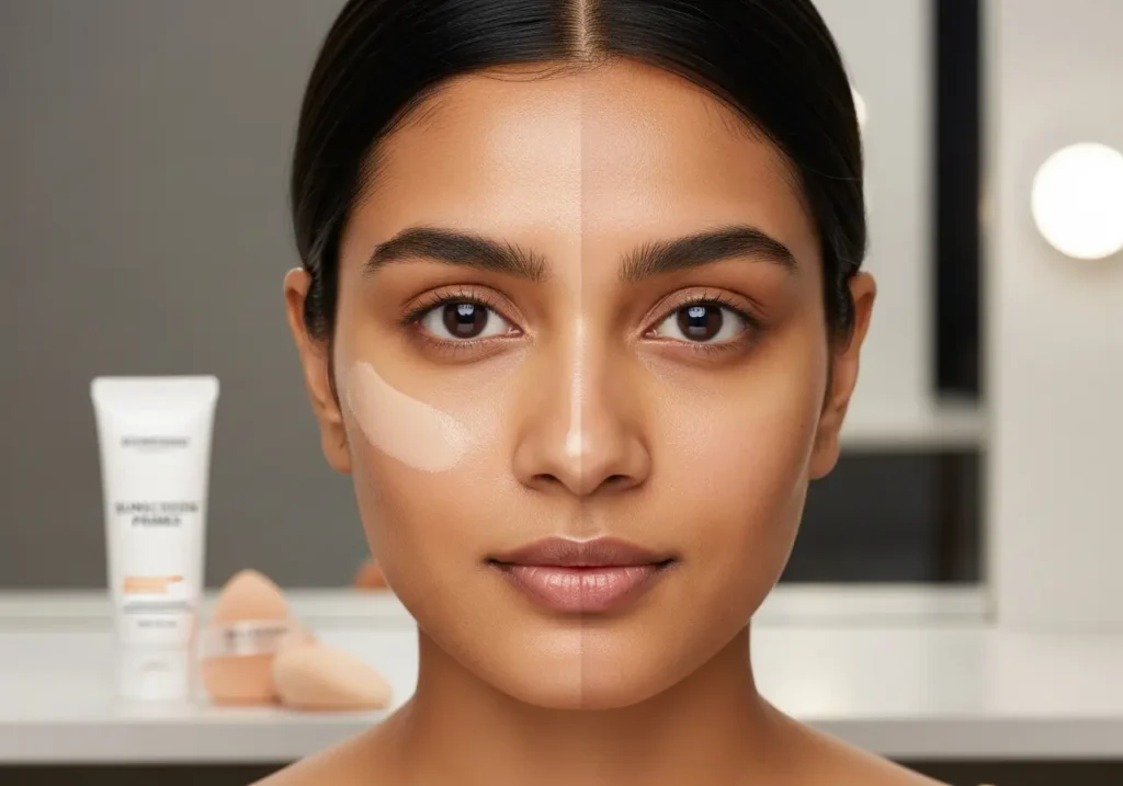sunscreen-under-makeup Half-face demonstration of sunscreen primer under makeup on Indian woman