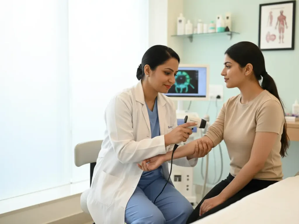 dermatologist-consultation-skin-whitening Dermatologist examining patient during a skin consultation at clinic in Delhi