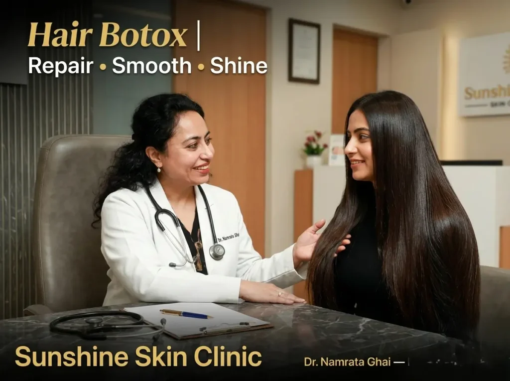 dr-namrata-ghai-hair-botox-sunshine-clinic Dr Namrata Ghai endorses hair botox treatment at Sunshine Skin Clinic - Indian dermatologist with patient