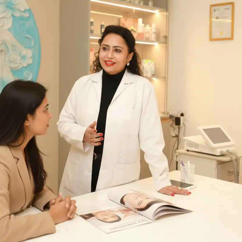 skin-whitening-consultation-clinic Dermatologist consulting patient about skin whitening treatment in a modern Delhi clinic