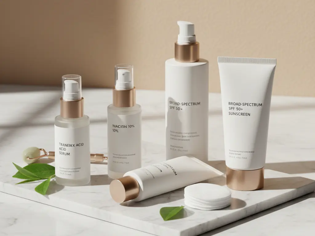 skin-whitening-products-flatlay Dermatologist-recommended skin whitening creams and serums flatlay on marble