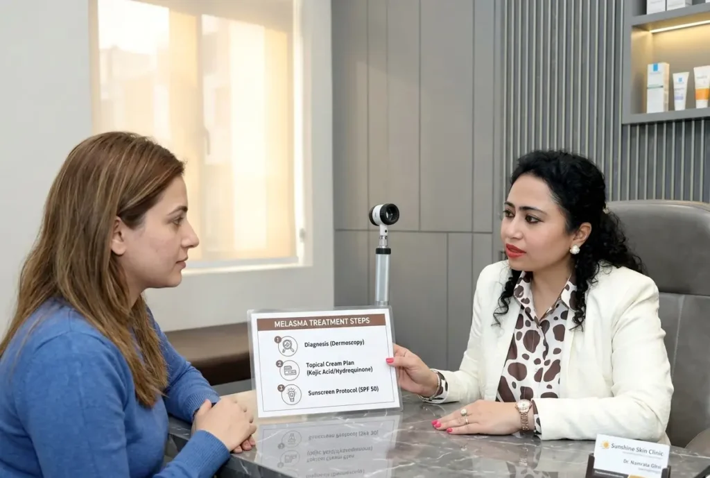 dr-namrata-ghai-melasma-consultation Dr Namrata Ghai consultation for melasma treatment cream at Sunshine Skin Clinic