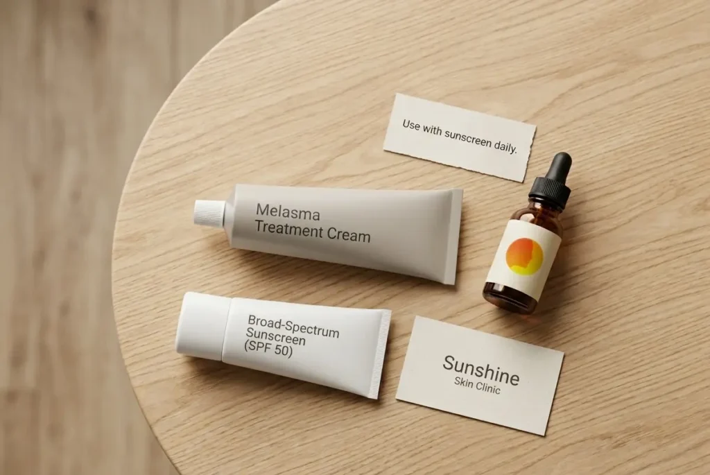 melasma-treatment-creams-flatlay melasma treatment cream and serum flatlay with sunscreen - best melasma cream and aftercare