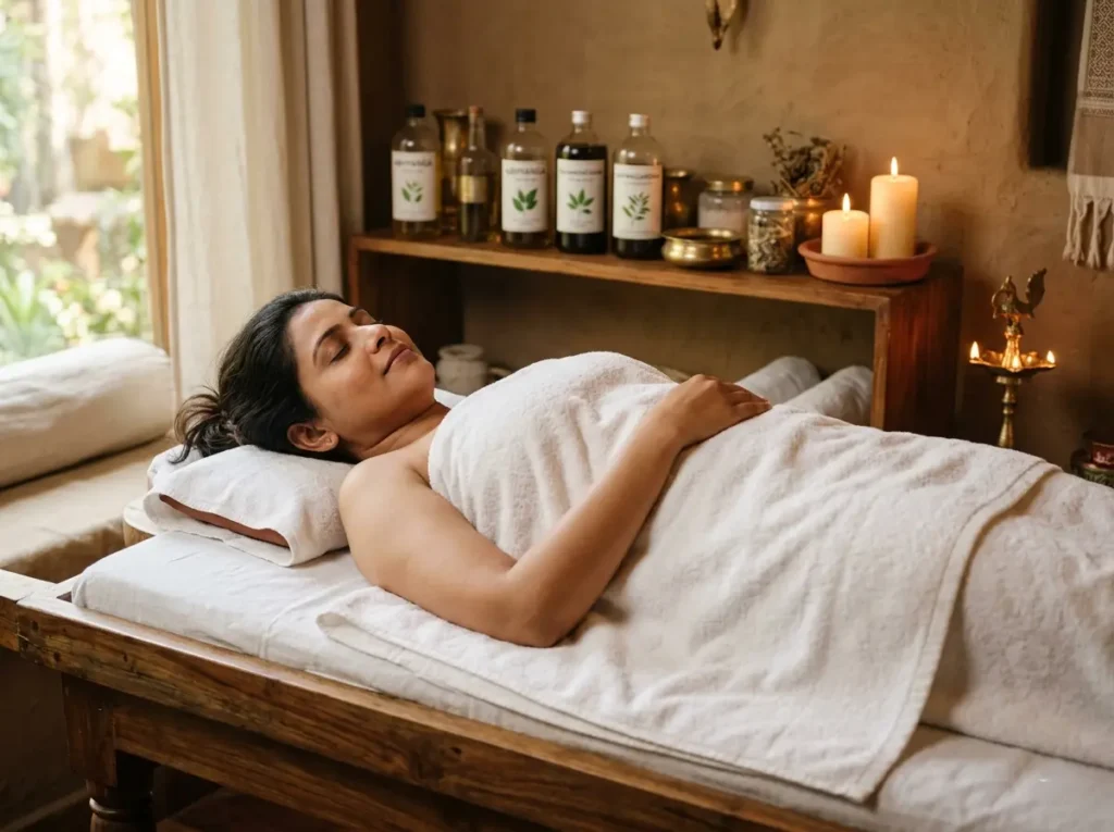 abhyanga massage consultation and oil selection by clinic expert