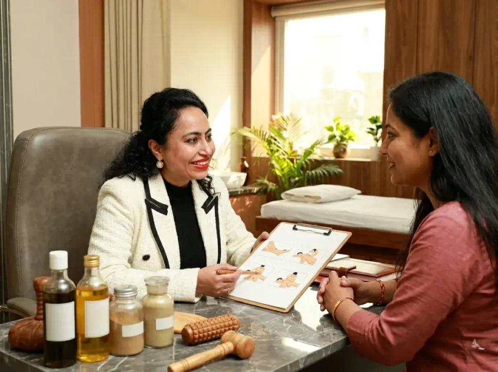 abhyanga massage consultation and oil selection by clinic expert