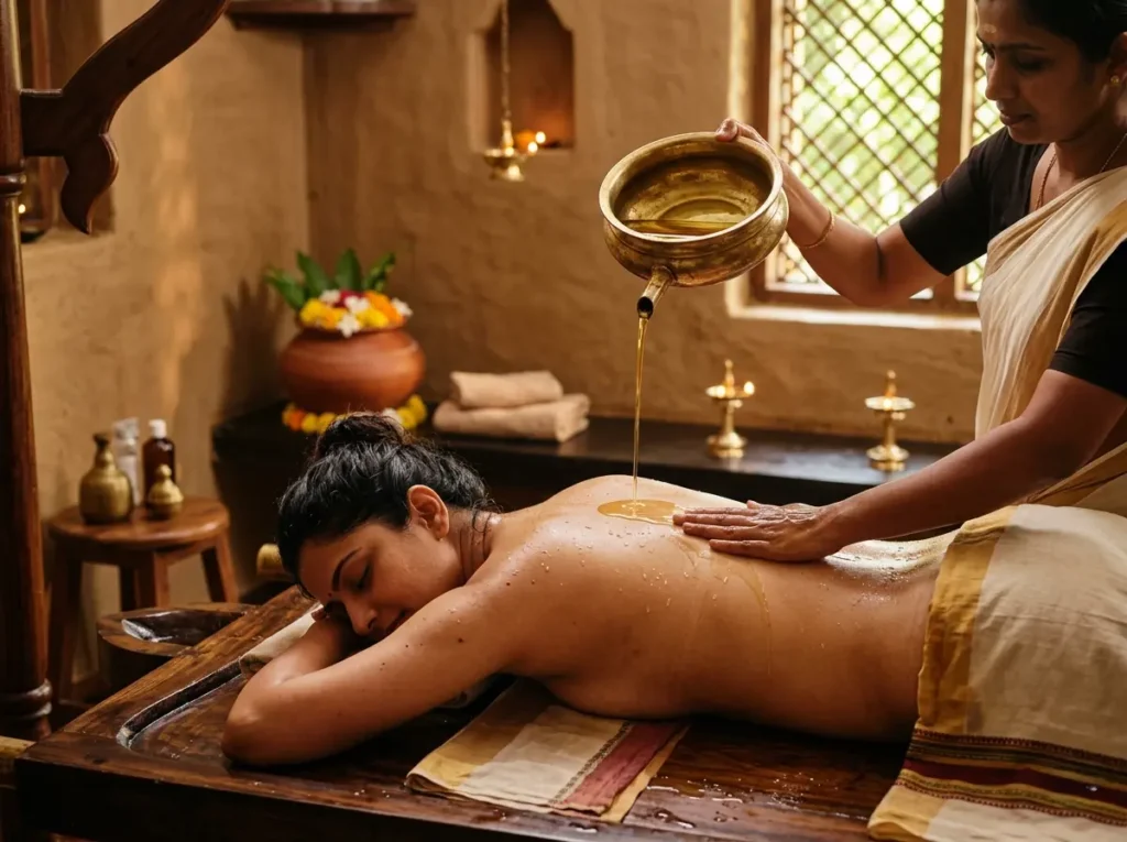 abhyanga massage oil pouring preparation in ayurvedic clinic
