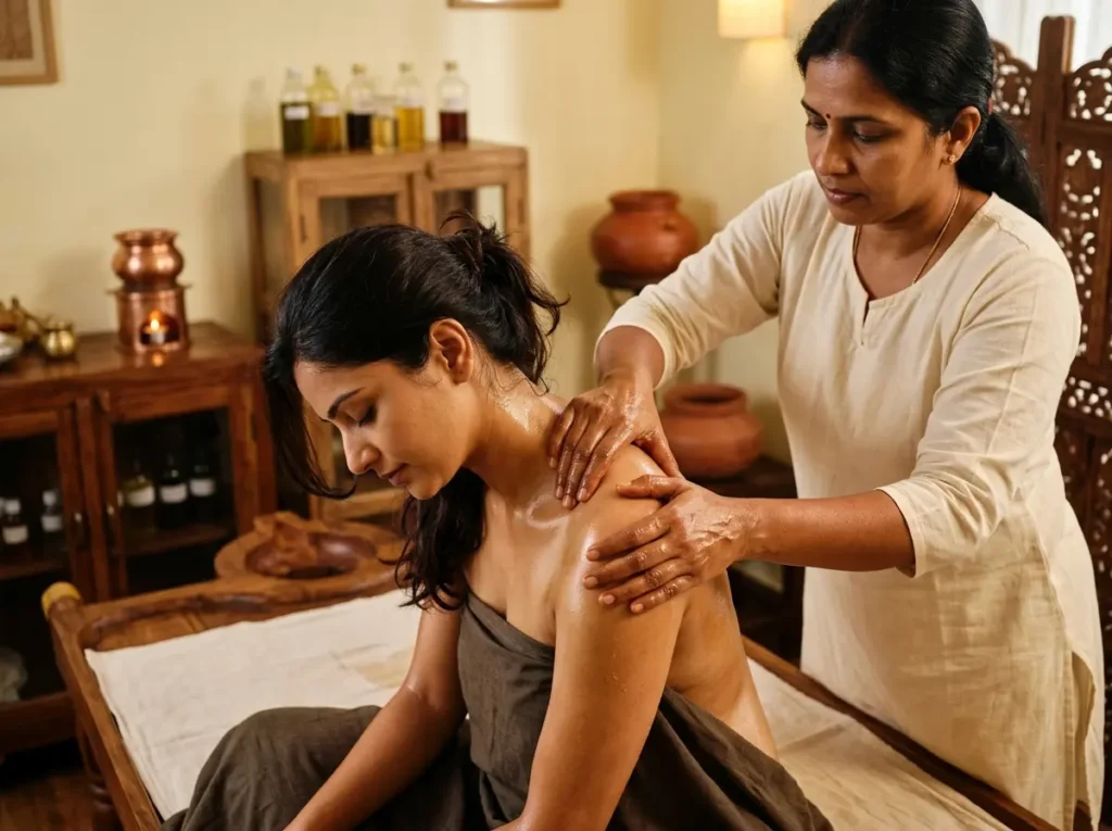 abhyanga massage shoulder and back close up with warm oil