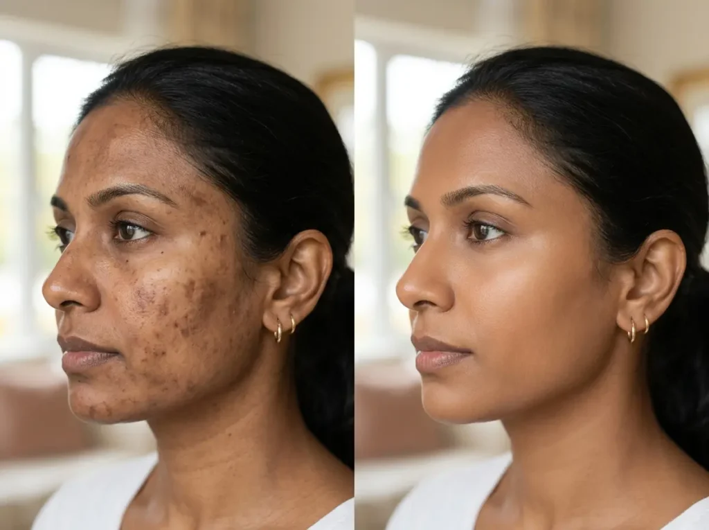 dark spot before and after fading on Indian woman's face