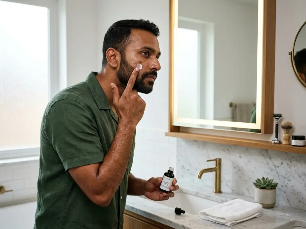 dark spot removal cream for male routine with Indian man
