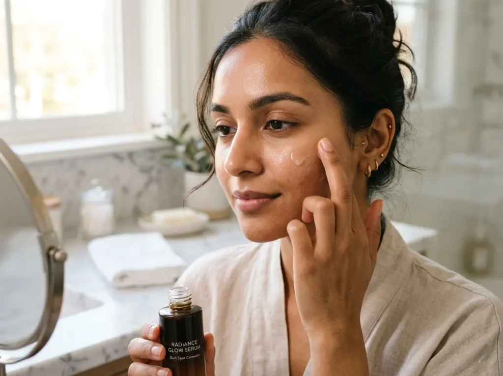 dark spot correcting glow serum application on cheek