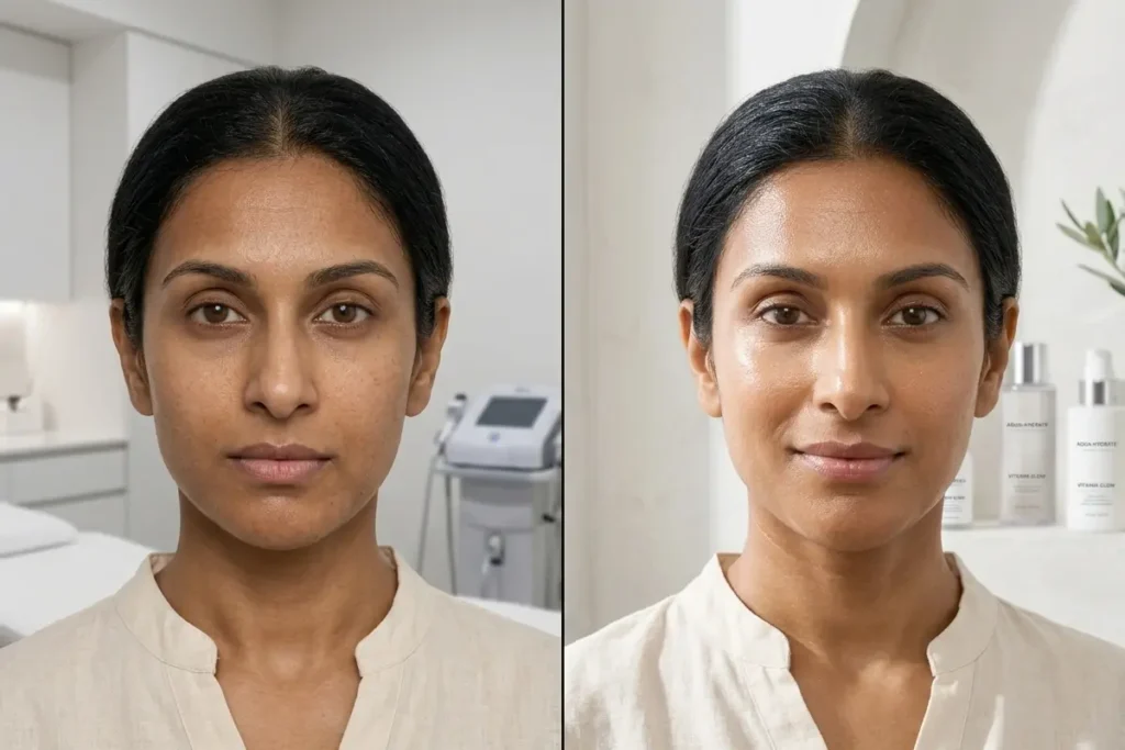 hydrafacial before and after comparison of Indian woman skin