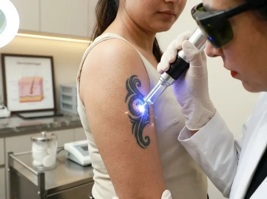 laser tattoo removal procedure close up on arm
