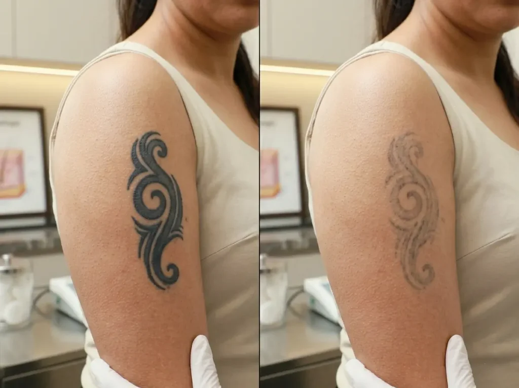 tattoo removal before and after results on Indian woman's arm