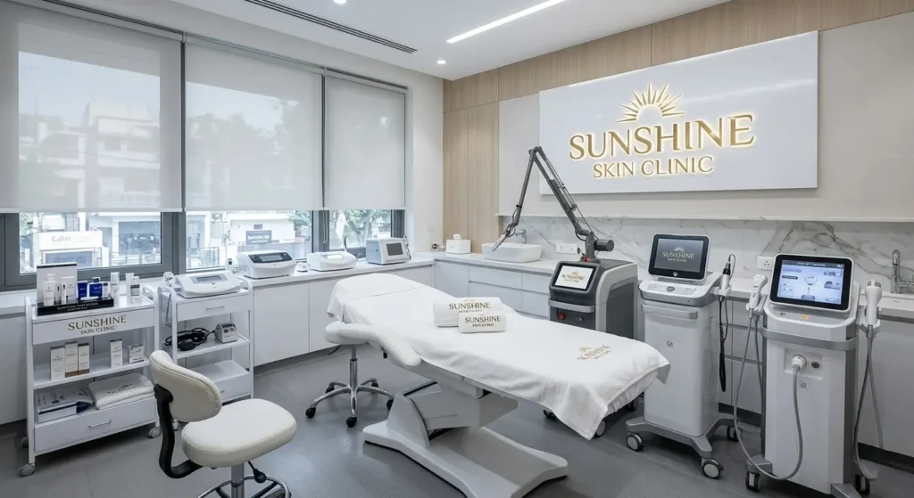 A sleek medical aesthetic treatment room showing advanced skincare devices for non surgical face lift treatments such as laser, microneedling, and skin tightening equipment, modern Delhi dermatology clinic, sterile environment, premium technology, clean and elegant setup, realistic professional hospital-style lighting