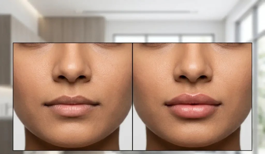 lip fillers before and after natural results on Indian woman