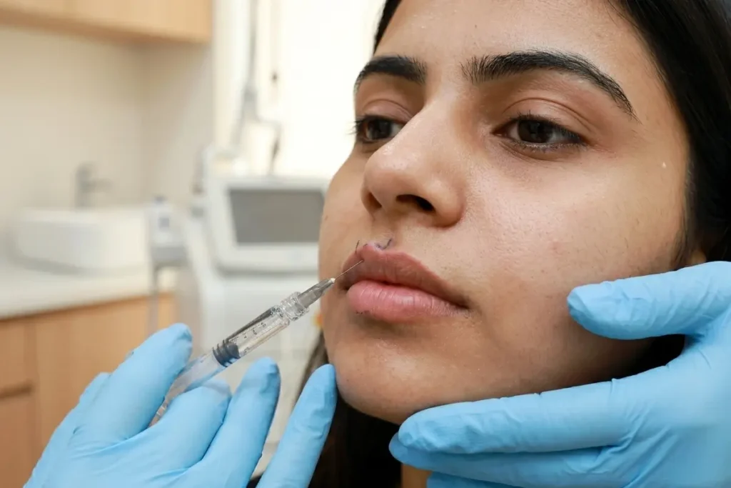 lip filler injection close up by dermatologist