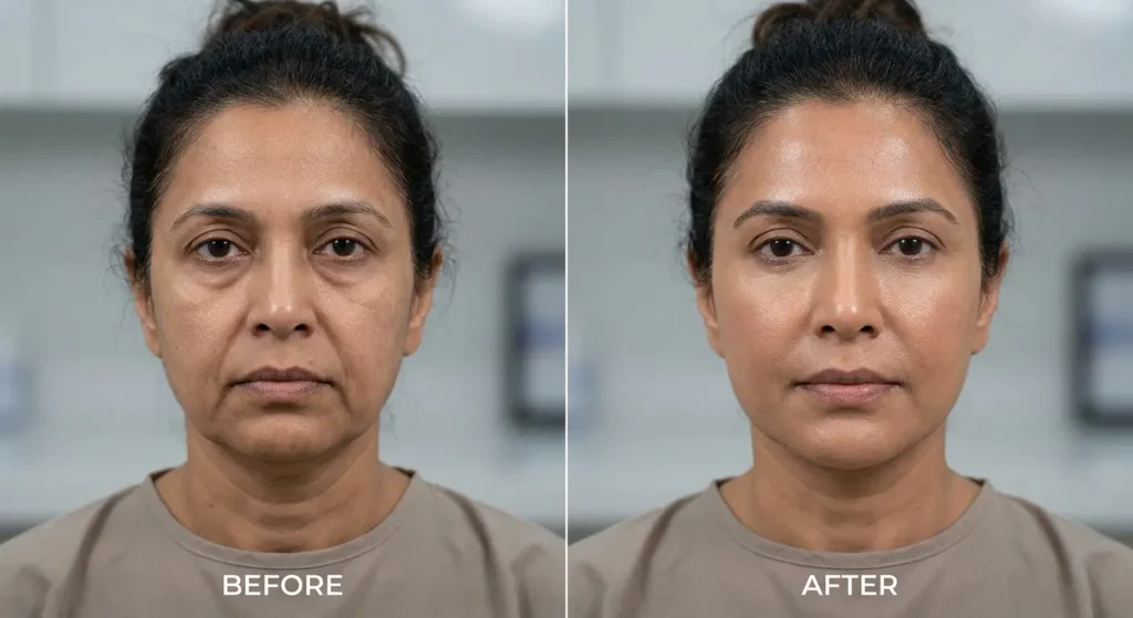 Before and after non surgical face lift showing lifted and fresher facial appearance