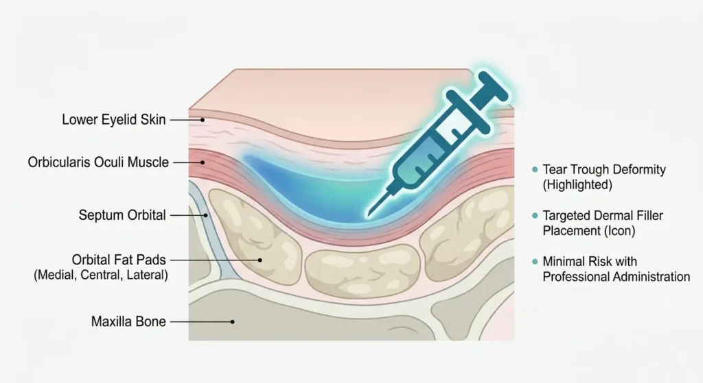 Safe under eye filler anatomy illustration showing the tear trough area