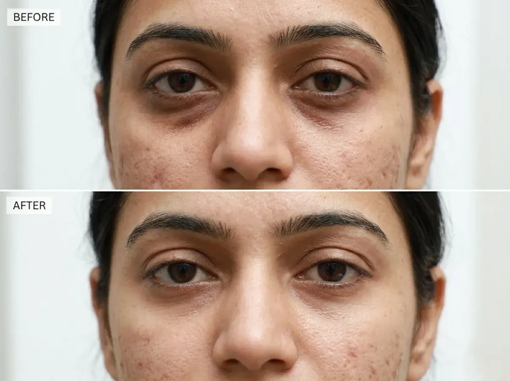 Before and after under eye fillers showing reduced hollowness and a refreshed look