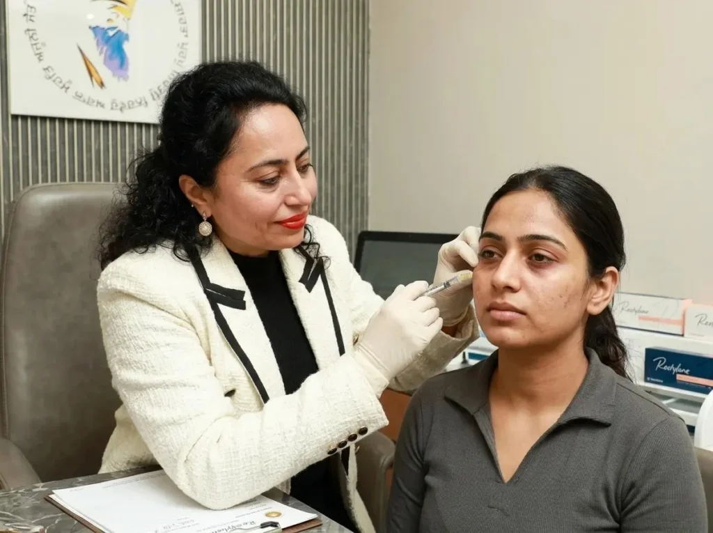 Under eye filler treatment being performed by a dermatologist in a premium Delhi clinic