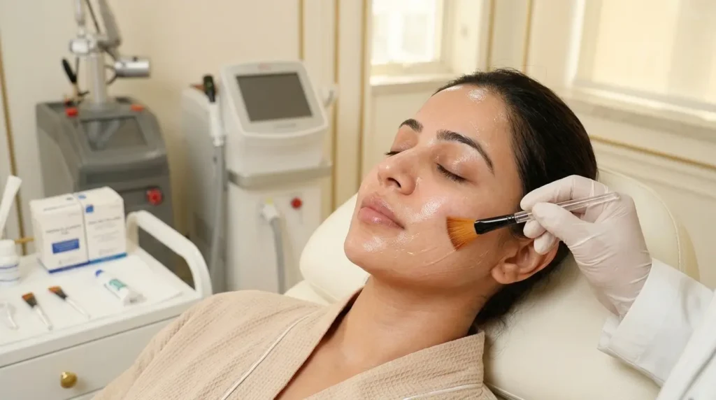 what-is-chemical-peel-treatment Dermatologist applying chemical peel treatment on facial skin