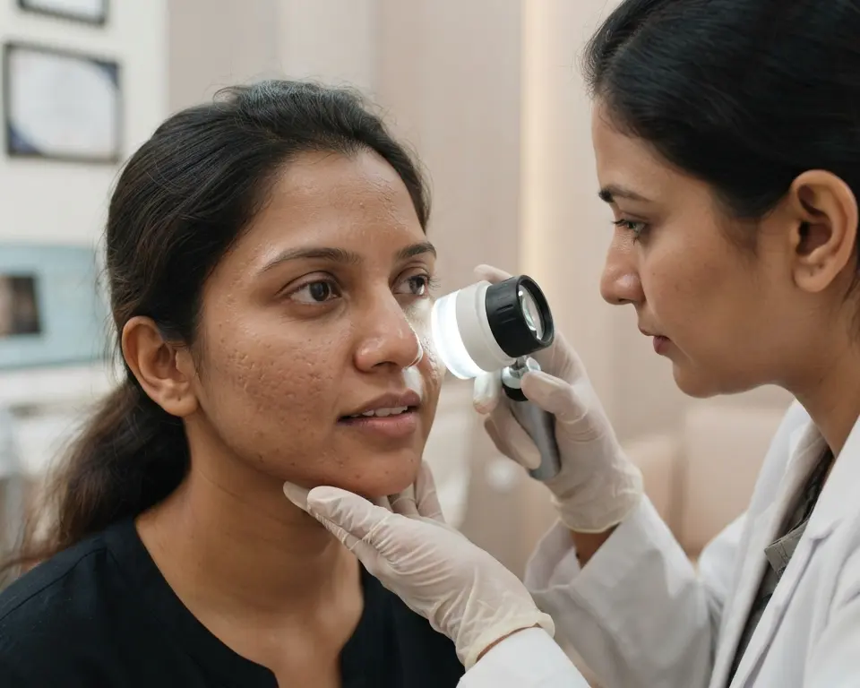 enlarged-pores-treatment Close-up consultation of enlarged pores and uneven skin texture, Indian female patient, dermatologist using magnifying skin analysis device, premium clinic environment, realistic skin texture, no beauty filter.