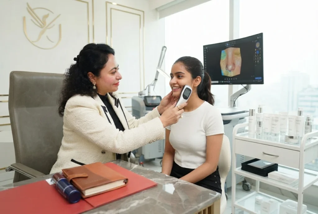 skin-rejuvenation-procedures-delhi Dermatologist performing personalized skin rejuvenation consultation in Delhi