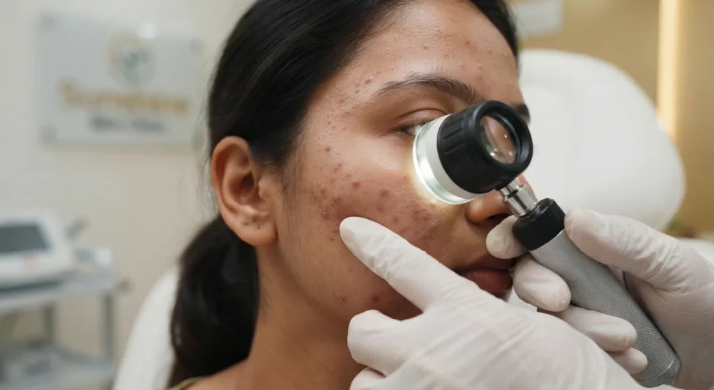 acne-skin-examination Close-up acne skin examination by dermatologist