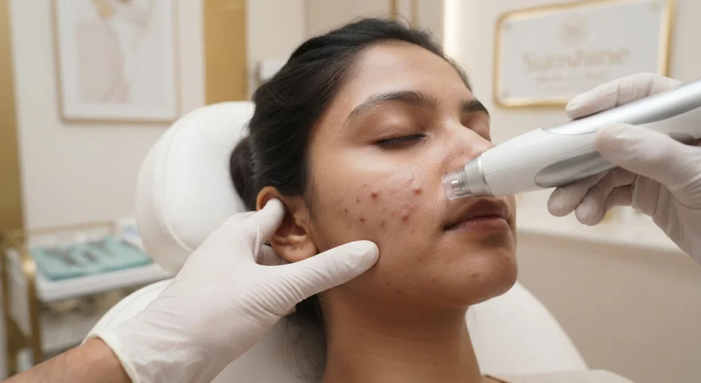 Dermatologist performing acne treatment on patient