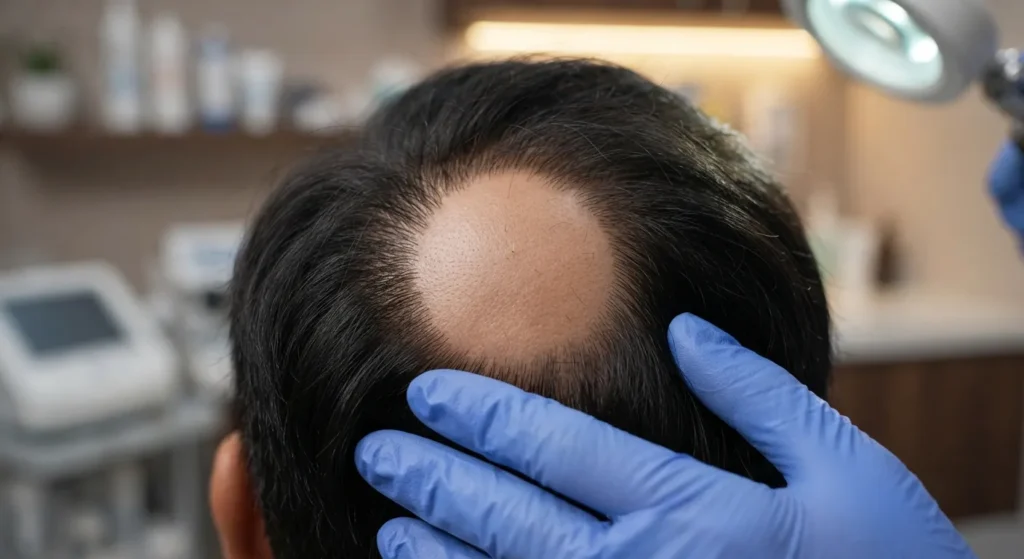alopecia-areata-closeup Close-up examination of an alopecia areata scalp patch