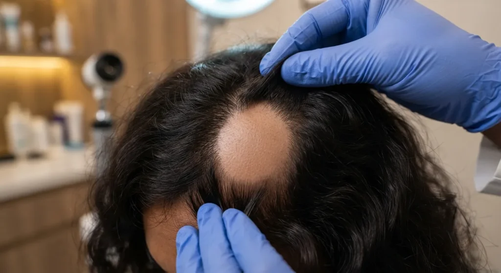 bald-patch-treatment-closeup Close-up examination of localized bald patch