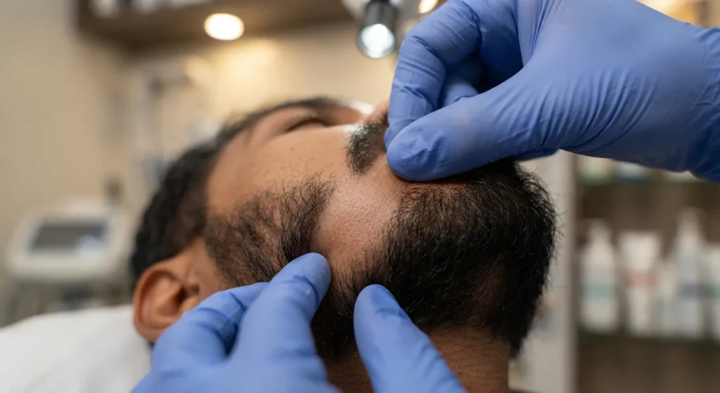 beard-hair-loss-closeup Close-up examination of patchy beard hair loss