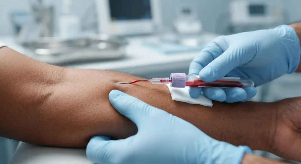 blood-test-skin-condition-closeup Close-up blood sample collection for skin condition evaluation