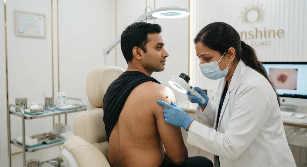 cyst-treatment-consultation Dermatologist examining skin cyst before treatment