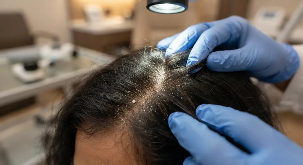 dandruff-treatment-closeup Close-up scalp examination for dandruff treatmen