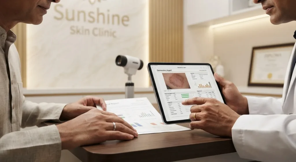 Dermatologist reviewing diagnostic test results with patient