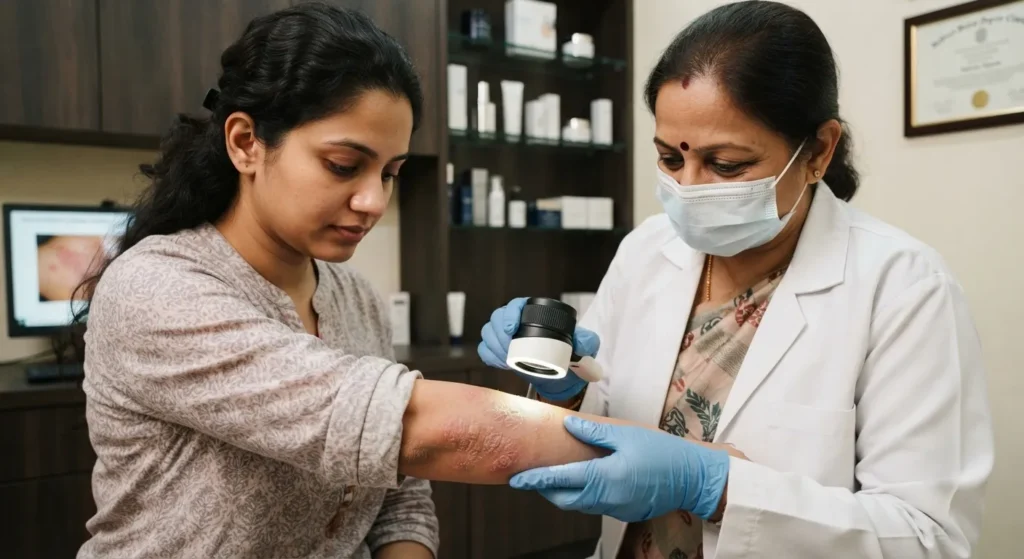 eczema-treatment-consultation Eczema skin examination by dermatologist