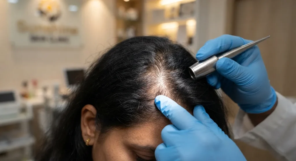 hair-fall-treatment-closeup Dermatologist examining hair fall and scalp condition