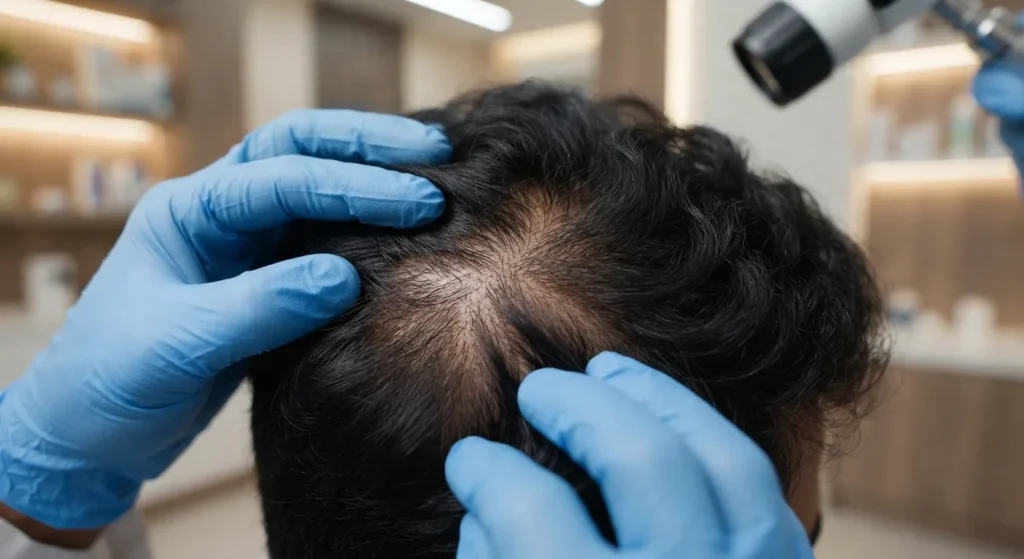 hair-loss-treatment-closeup Close-up examination of thinning scalp for hair loss