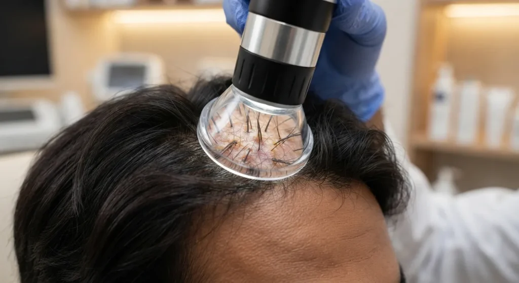 hair-scalp-diagnosis-closeup Close-up digital diagnosis of hair and scalp